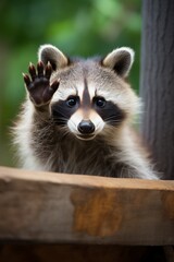 Playful raccoon displaying happiness with lifted paws in an adorable and charming stance