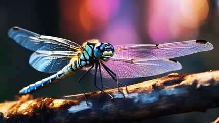 a dragonfly on a tree branch during the rain
 - obrazy, fototapety, plakaty