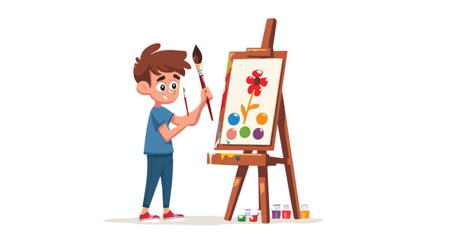 Small boy arts student kid painting flowers picture s