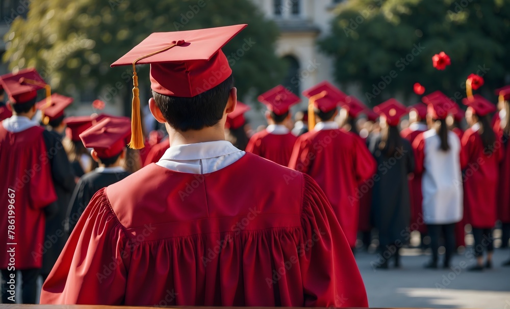 Wall mural A proud graduate wearing a red gown and cap in front of other students, symbolizing their academic achievement and success