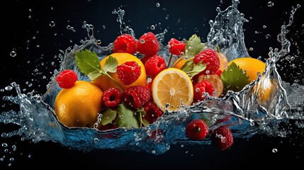 Beautiful berries and fruits falling with splashes into the water. On a dark background.