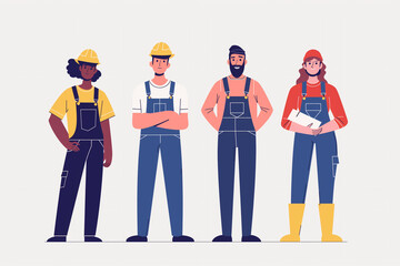 Construction workers and engineers flat illustration for international labor day - obrazy, fototapety, plakaty