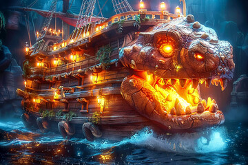 A pirate ship with a crocodile head. - obrazy, fototapety, plakaty