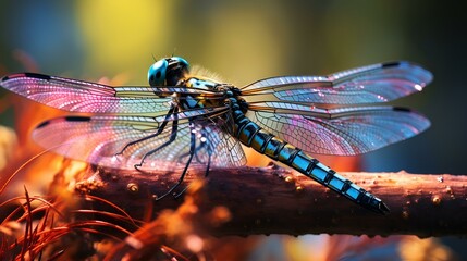 a dragonfly on a tree branch during the rain
 - obrazy, fototapety, plakaty