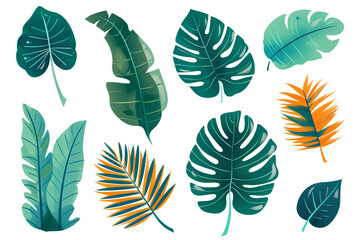 Tropical leaves stickers set isolated flat illustration