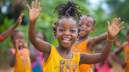 Cute african american girl in orange dress with happy expression - obrazy, fototapety, plakaty