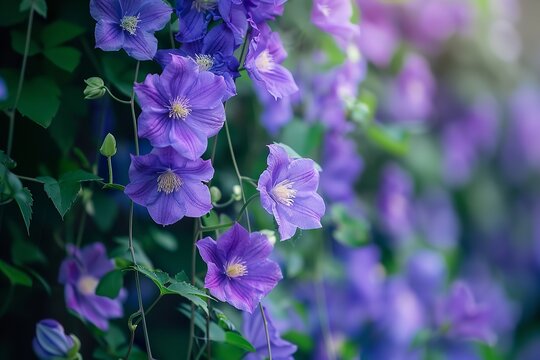 A close shot of purple garlic vine flower blooming with a blurry nature backdrop with a big space for text or product, Generative AI.