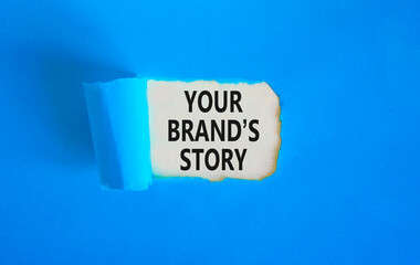 Branding and your brand story symbol. Concept words Your brands story on beautiful white paper. Beautiful blue paper background. Business branding your brand story concept. Copy space.