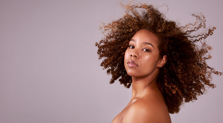 Afro, hair and portrait of black woman in mockup with confidence, pride and studio space. Natural...