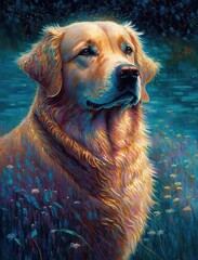 Golden retriever dog in river water, drops in air. Painting