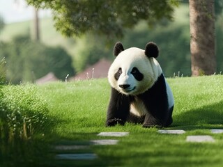 Cheerful playing panda on green lawn. Rare endangered animals protected concept. Cute clumsy black and white bear. - obrazy, fototapety, plakaty