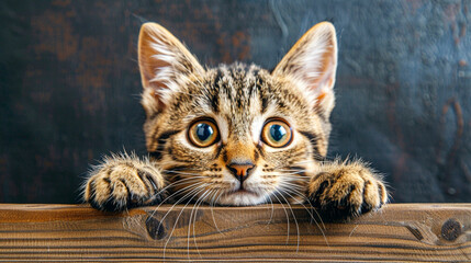 A cute tabby kitten with wide eyes and paws on a wooden table