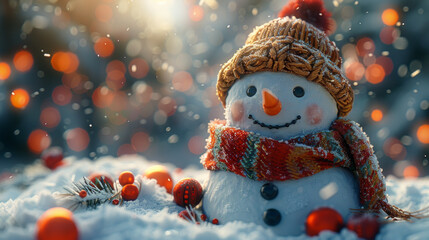 A snowman with a red scarf and a hat is sitting in the snow