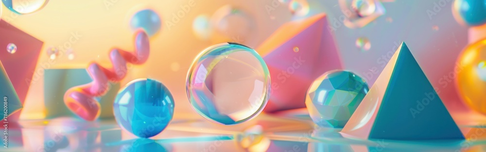 Aufkleber abstract geometric composition of colorful spheres and cubes on a textured surface with a bright lig