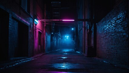 Background of an empty alleyway with smoke and neon light. Dark abstract background.