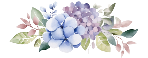 Beautiful watercolor floral bouquets with hydrangea flowers and eucalyptus branches