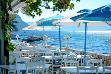Seaside Summer Cafe With Blue and White Umbrellas