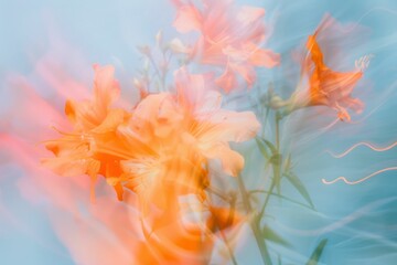 Beautiful orange flowers in a vase on a blurred blue and white background, creating a tranquil and elegant ambiance