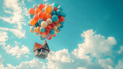 Balloons flying with home house in the sky with clouds picked up - obrazy, fototapety, plakaty
