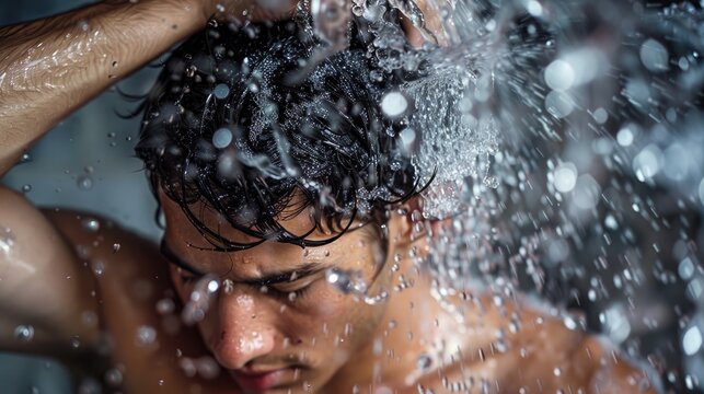 A Hispanic man washing his hair in the bathroom A man showers with a shower head in the bathtub A man s face is seen in the shower A male is taking a shower in the bathroom A guy is showerin
