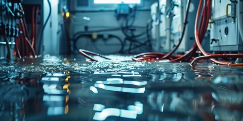 Portrait of an electrical room flooded with water and pipes are floating on it with wires with a big space for text or product backdrop, Generative AI.