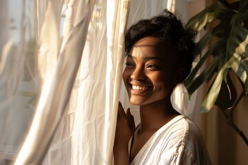 Young african american woman unveil curtain and looking out of window in the morning. Beautiful girl after waking up fully rested and open curtains. Start the new day with happiness. Relax, resting - obrazy, fototapety, plakaty
