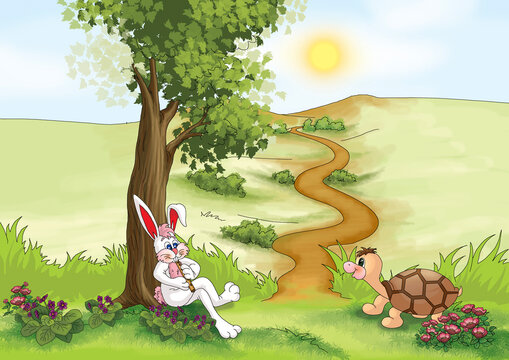 The tale of the tortoise and the hare. Rabbit and turtle. Bunny and tortoise.