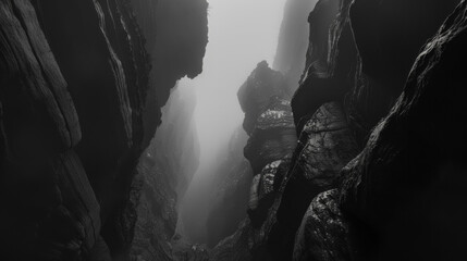 A dark, narrow canyon with a foggy atmosphere
