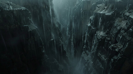 A dark and gloomy mountain range with waterfalls