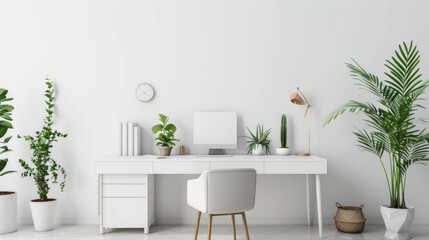 A white office with a desk and chair, a clock on the wall, and a potted plant