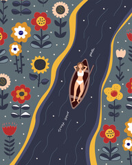 River carries a boat with resting lying woman. Trust your path text, inspirational and motivational quote. Girl lies in the boat. Night swimming vector illustration.