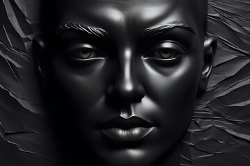 Modern Art with Black Woman Face on Luxurious Black Paper Texture Background
