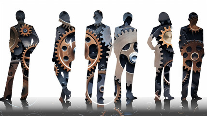 flat silhouettes of a group of people in a row on a white background, the concept of business teamwork, silhouettes filled with gears as a complex mechanism of teamwork