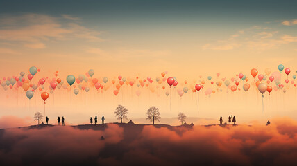 Fototapeta na wymiar a group of people against the background of balloons launched into the sky, the concept of society, happiness and freedom