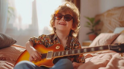 boy play electric guitar and learns