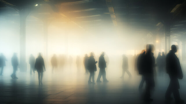 a crowd of people in blurry motion in the fog of a city street, abstract background, urban smoke, concept social issues