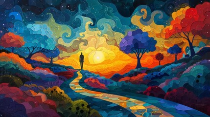 Vibrant Surreal Landscape with Swirling Sky and Sun