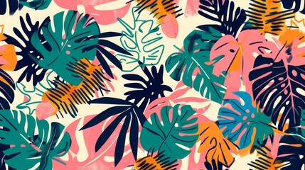 The refreshing allure of a seamless pattern filled with tropical elements such as exotic leaves with simple geometric shapes, offering a bright and cheerful summer jungle print perfect for infusing wa