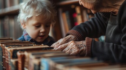 A portrait of elderly librarian helping a child to find book with a big space for text with a blurry bookshelf backdrop, Generative AI. - obrazy, fototapety, plakaty