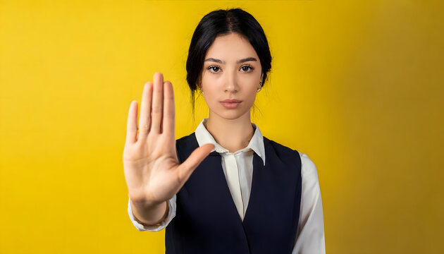Portrait of an assertive woman with a stop halt hand gesture on yellow background.