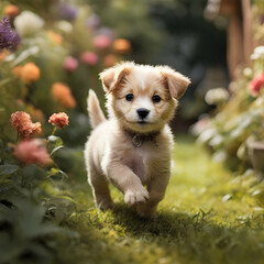 A delightful puppy enjoys a playful romp in the garden.