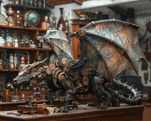 Steampunk Dragon Sculpture in an Apothecary Shop