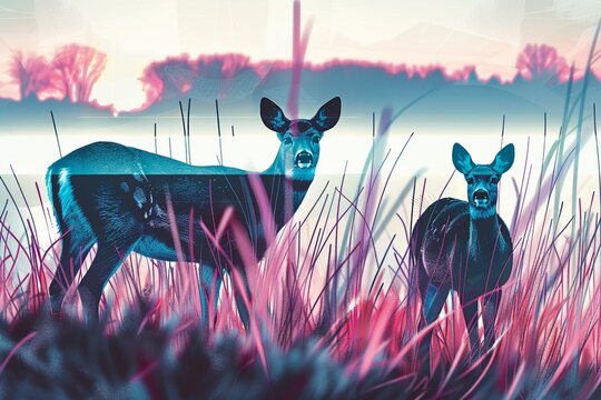 A beautiful watercolor painting of two deer standing in a field of tall grass. The deer are blue and the grass is pink. The background is a light blue sky with a white cloud.