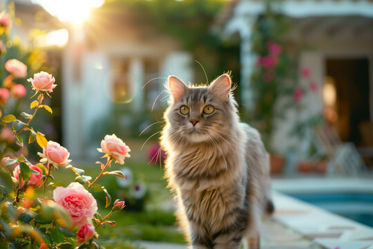 Majestic Maine Coon cat amidst blooming roses in a tranquil garden at sunset.