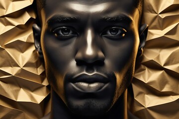 Modern Art Of Gold Paper Texture Background With Black Man Glittery Golden Face 
