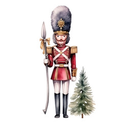 Christmas nutcracker with pine leaves in traditional soldier outfit isolated watercolor clipart