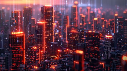 Fototapeta premium Digital cityscape with skyscrapers made of circuitry and neon lights