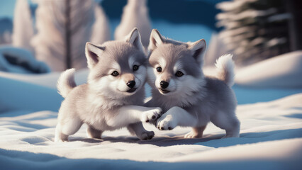 two small cute wolves in the snow,illustration,animals in the snow