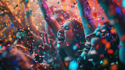 A woman is smiling and surrounded by confetti