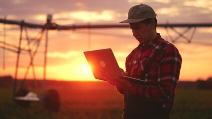 silhouette agriculture. a male farmer works on a laptop in a field with green corn sprouts. corn is watered by irrigation machine. irrigation sunlight agriculture business concept